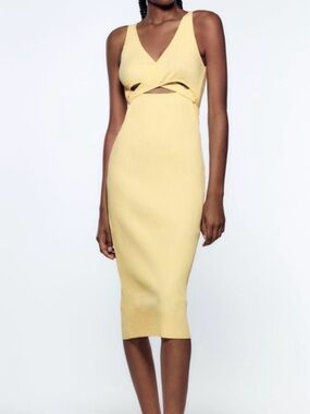 Zara Pale Yellow Ribbed Cutout Midi Dress with Twist Front